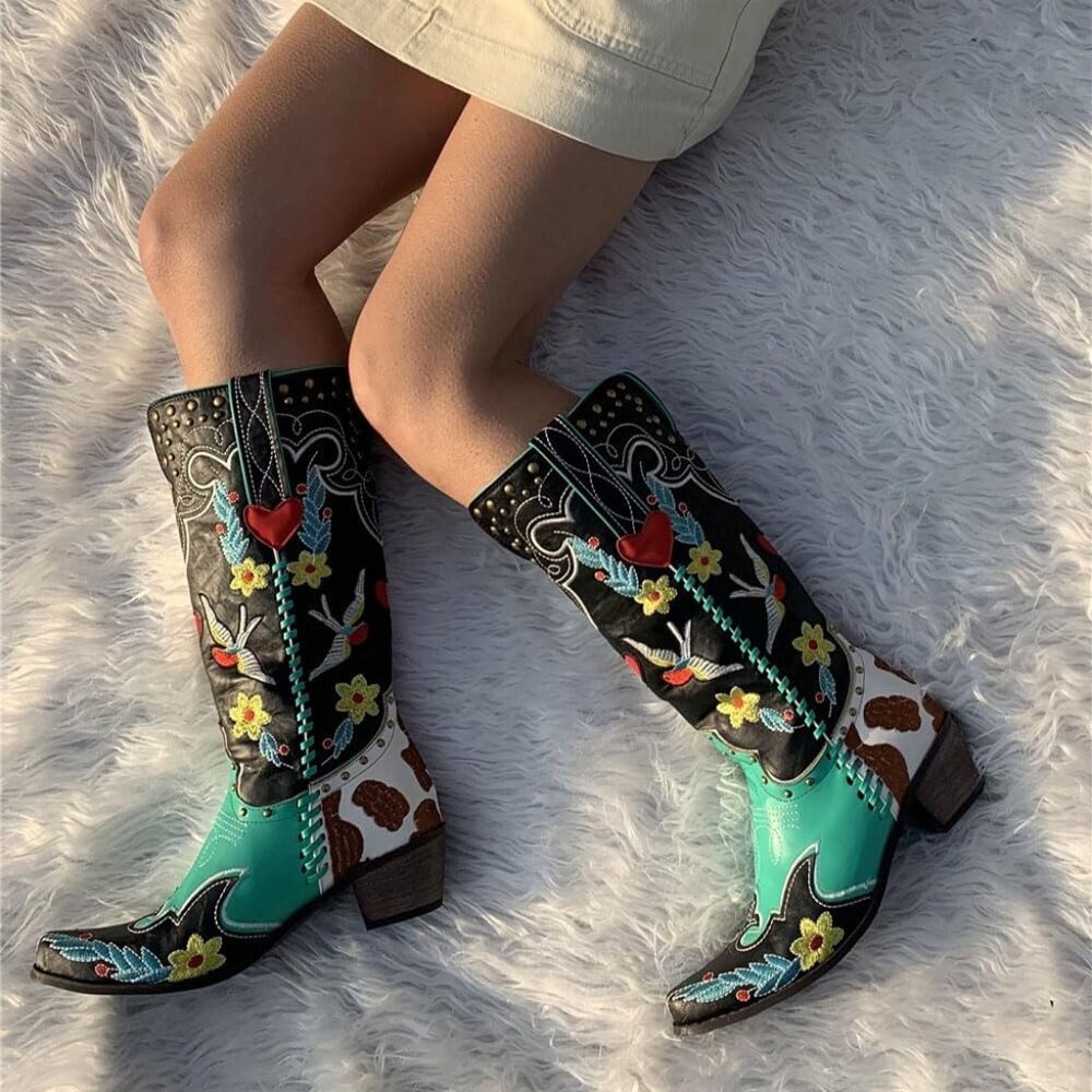 Women's Blue Floral Embroidered Cowgirl Boots Chunky Low Heels Pull On Shoes - Picture 6 of 6